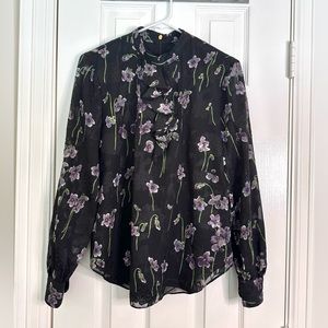 Black Floral Print Ruffle Lauren Ralph Lauren Long Sleeved Blouse, size 4